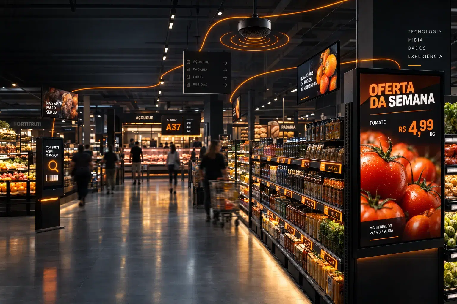 Corredor de supermercado com telas de digital signage, etiquetas de preço digitais, buscador de preço e painel de senha conectados pela plataforma Inviron